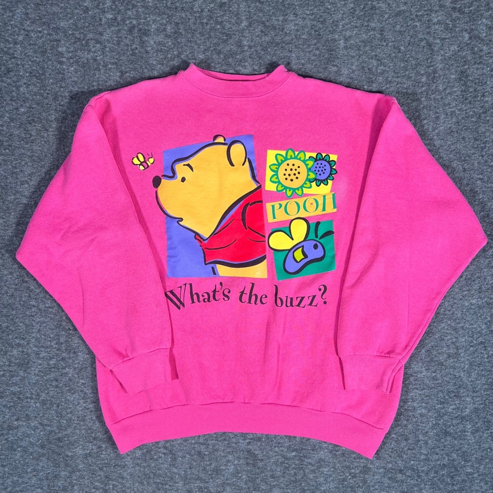 Vintage 90s Disney Winnie the Pooh Pink Sweatshirt Whats The Buzz Graphic L